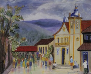 Releitura por Afonsina Bitarello da Obra "Encontro de domingo)" da Artista Plástica Lourdes Siqueira (òleo s/tela).